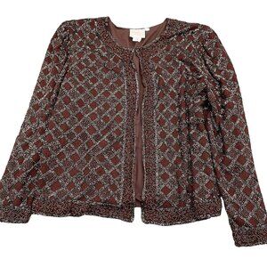 Patrice Designs Jacket Women Large Brown Metallic Allover Embellish Silk USA VTG